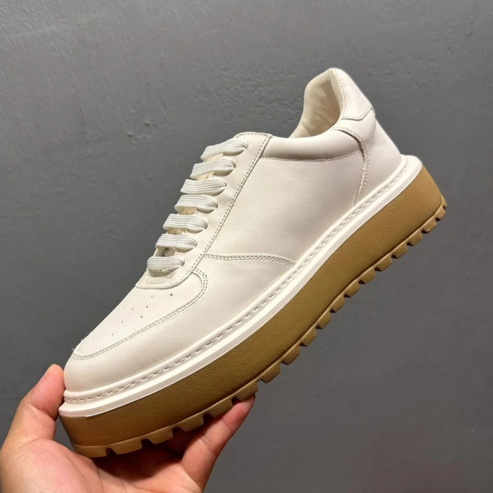 

QHCCID Men's Cowhide Sneakers Soft Bottom Heightening Comfortable Casual Board Shoes Autumn New Style