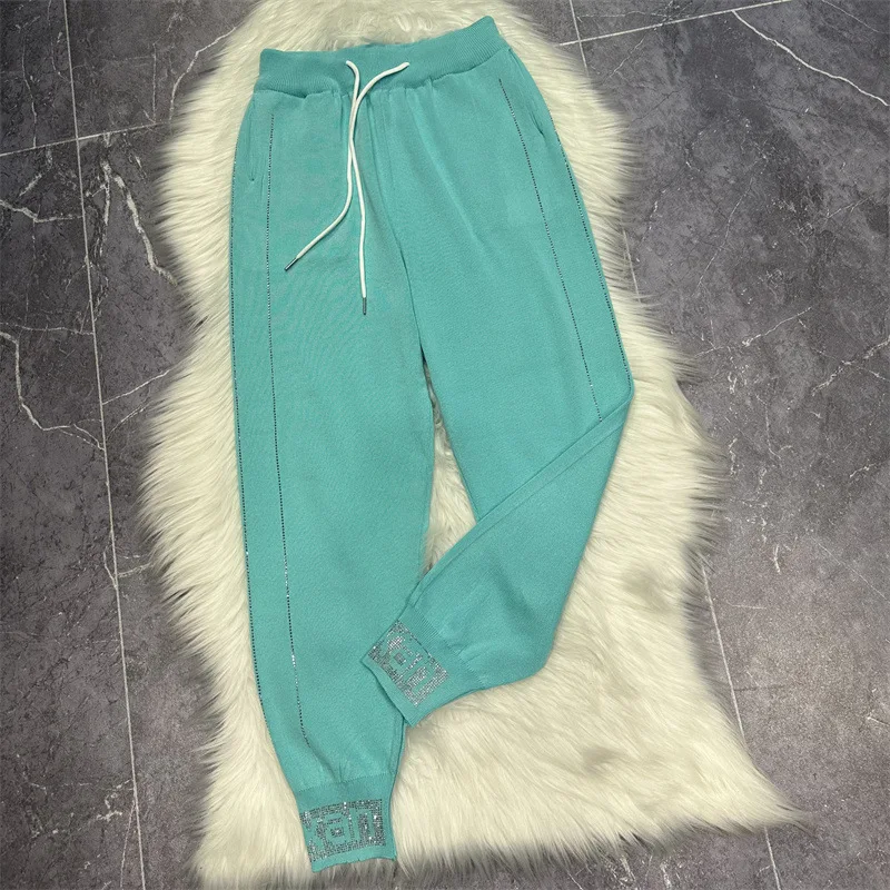 2024 New Spring Summer Women Knitted Sports Pants Hot Drilling Drawstring Elastic Waist Casual Harem Pants Feamle Long Trousers