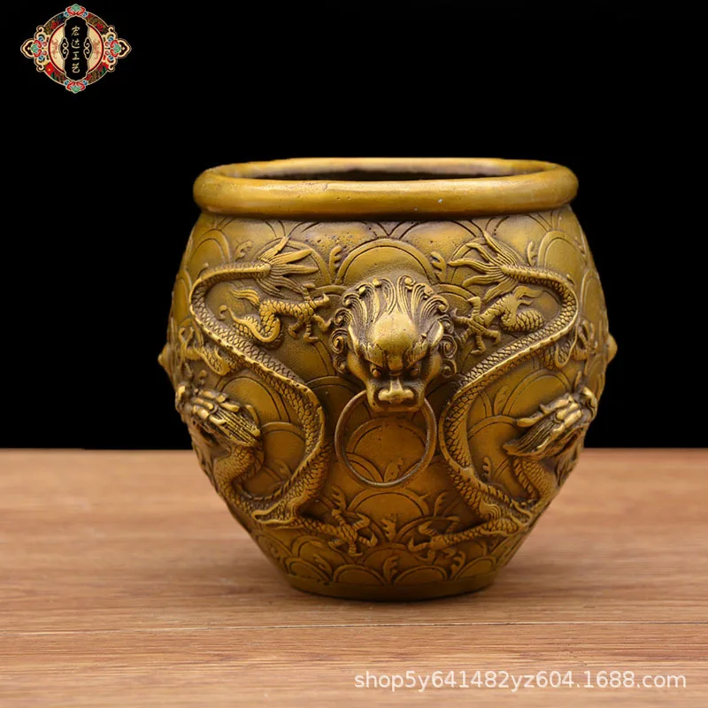 Bronze ware Brass double dragon playing with a pearl relief bronze vase, a decorative piece