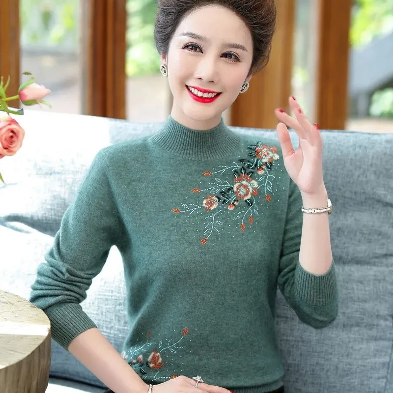 Fashion Half High Collar Knitted Embroidery Sweater Women\'s Pullovers Autumn Winter Middle Aged Mother Loose Jumper Casual Tops