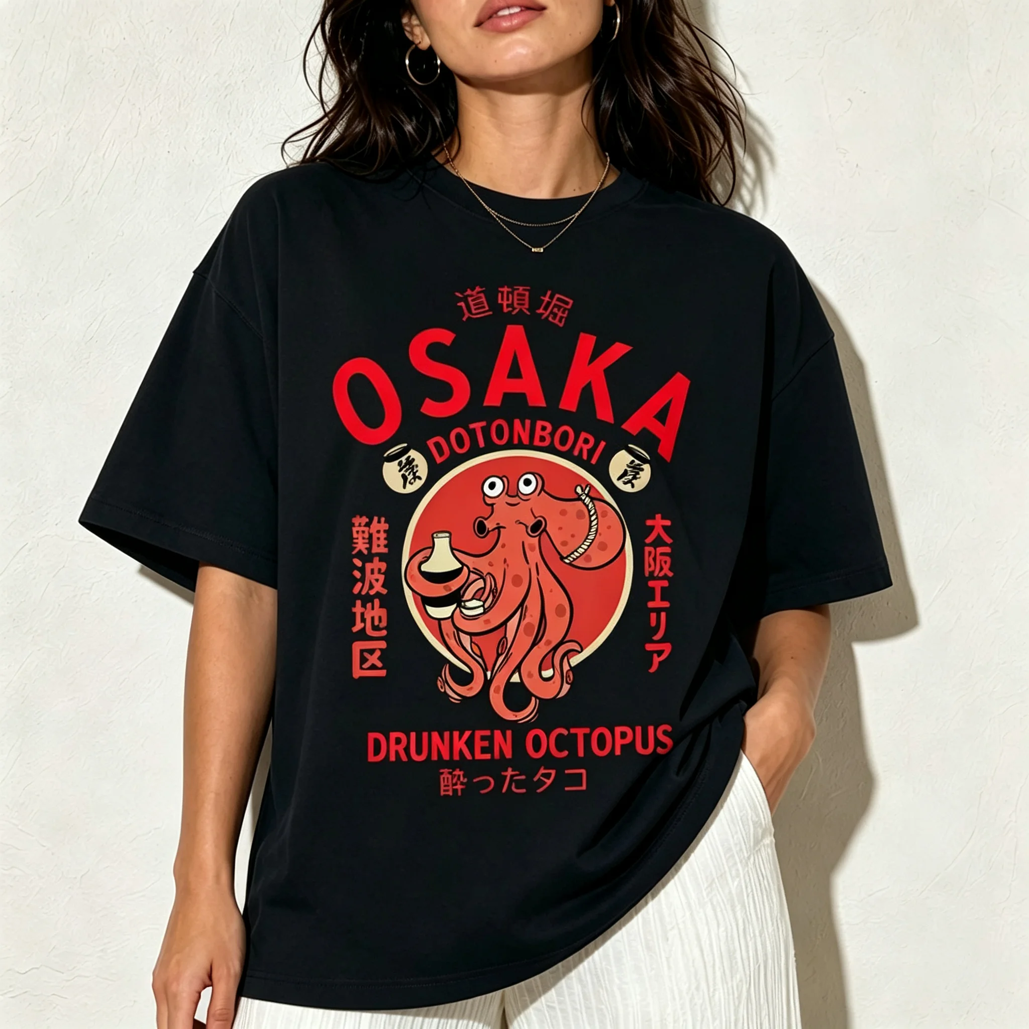 Vintage Japanese Drunken Octopus Graphic T Shirt Dotonbori Osaka Kanji Print Short Sleeve Tee Unisex Oversized Streetwear Top