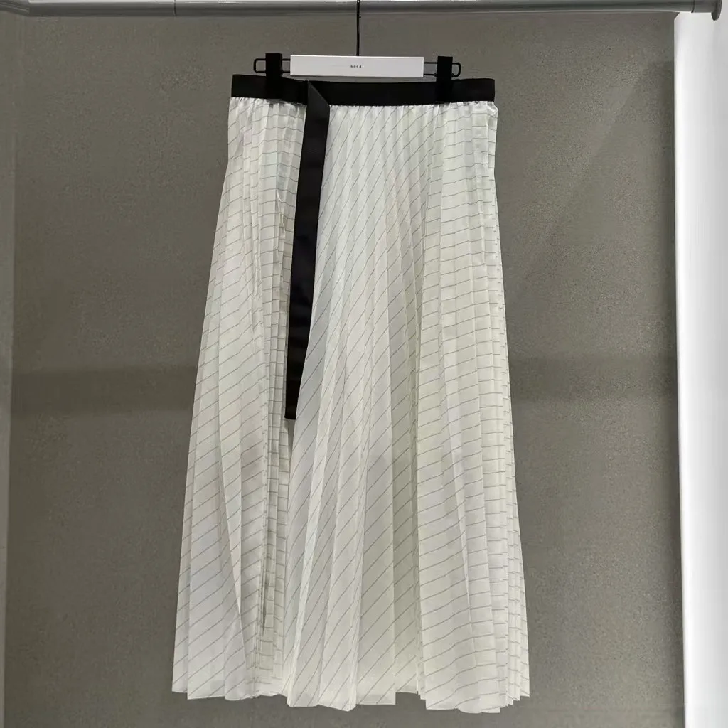 SAC Japanese 2026summer belt pleated slim skirt striped stitching pleated skirt