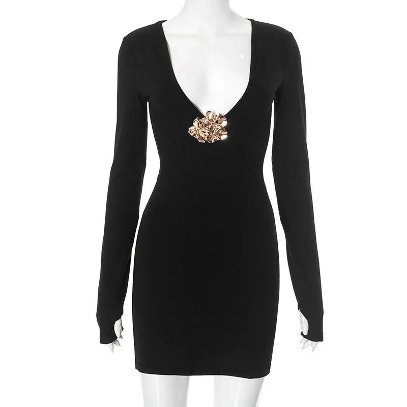 Mini robe de bal courte noire, Sexy, col en V, manches longues, fleur dorée, Robes de concours formelles décontractées, robe de soirée d'automne