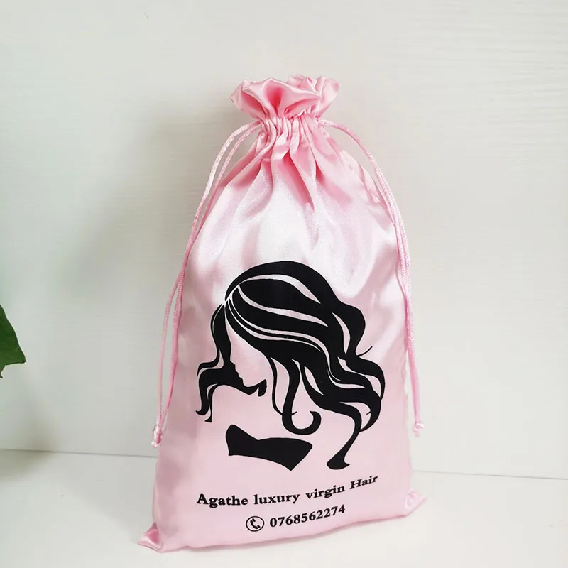 Custom Print Logo Silk Satin Hair Packaging Bags Satin Extensions Wigs Bundels Silk Storage Drawstring Pocket 30x40cm 50pcs/lot