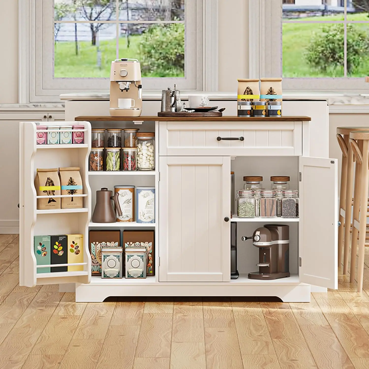 

Kitchen Coffee Bar Cabinet with Storage Kitchen Sideboard Buffet Cabinet with Drawers, Short Pantry with Door and Shelves for Ba