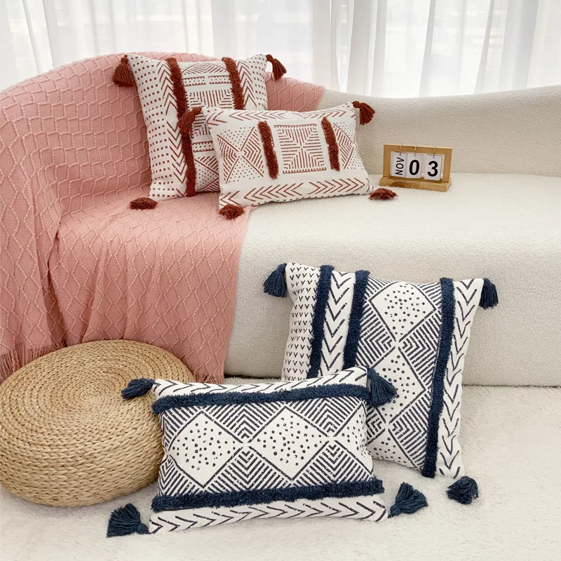 Pink Blue Tassels Splice Cushion Cover Geometric Printed Striped Tufted Pillow Cover Decorative Pillows for Sofa Decoration Home