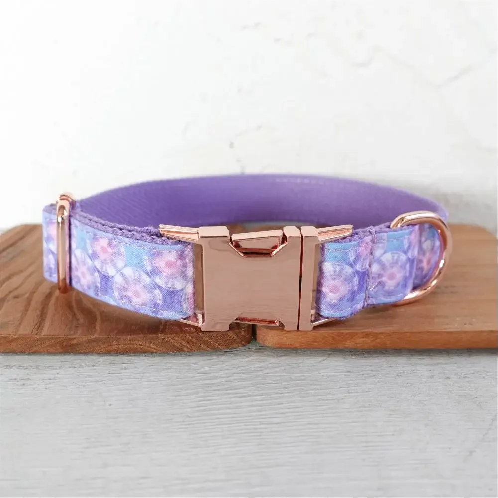 Personalized Dog Collar Custom Pet Collar Free Engraving ID Name Tag Pet Accessory Purple Flower Puppy Collar Leash