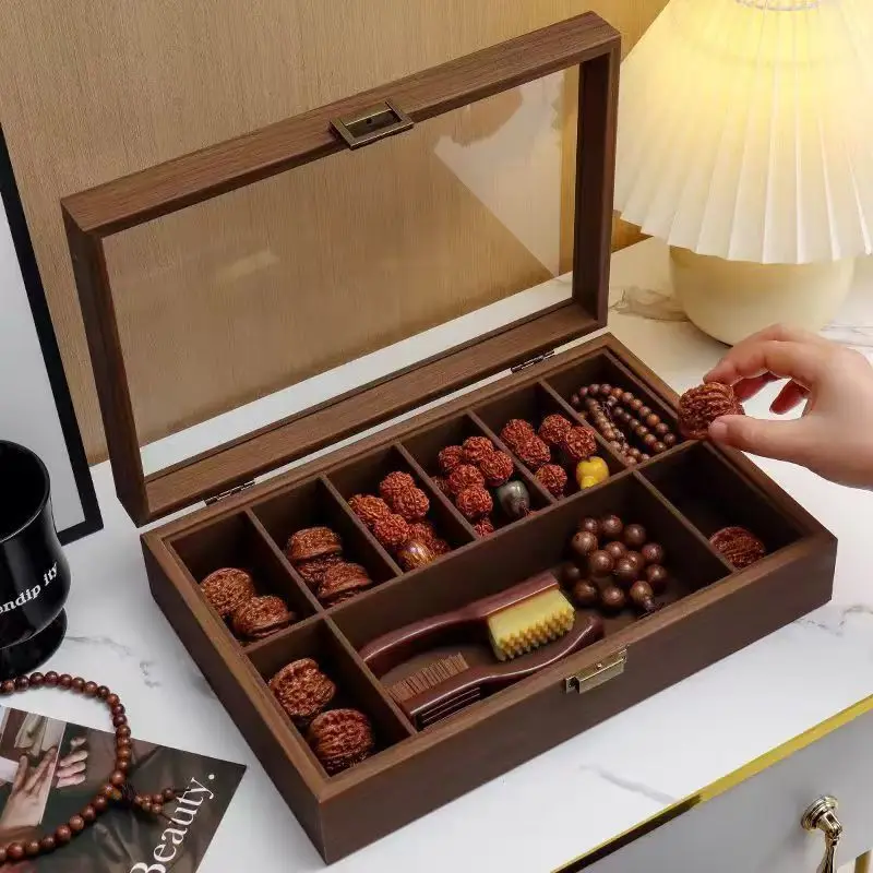 Walnut Grain Wenwalnut Storage Box Multi Compartment Dustproof Display Case Bracelet Prayer Bead Walnut Holder