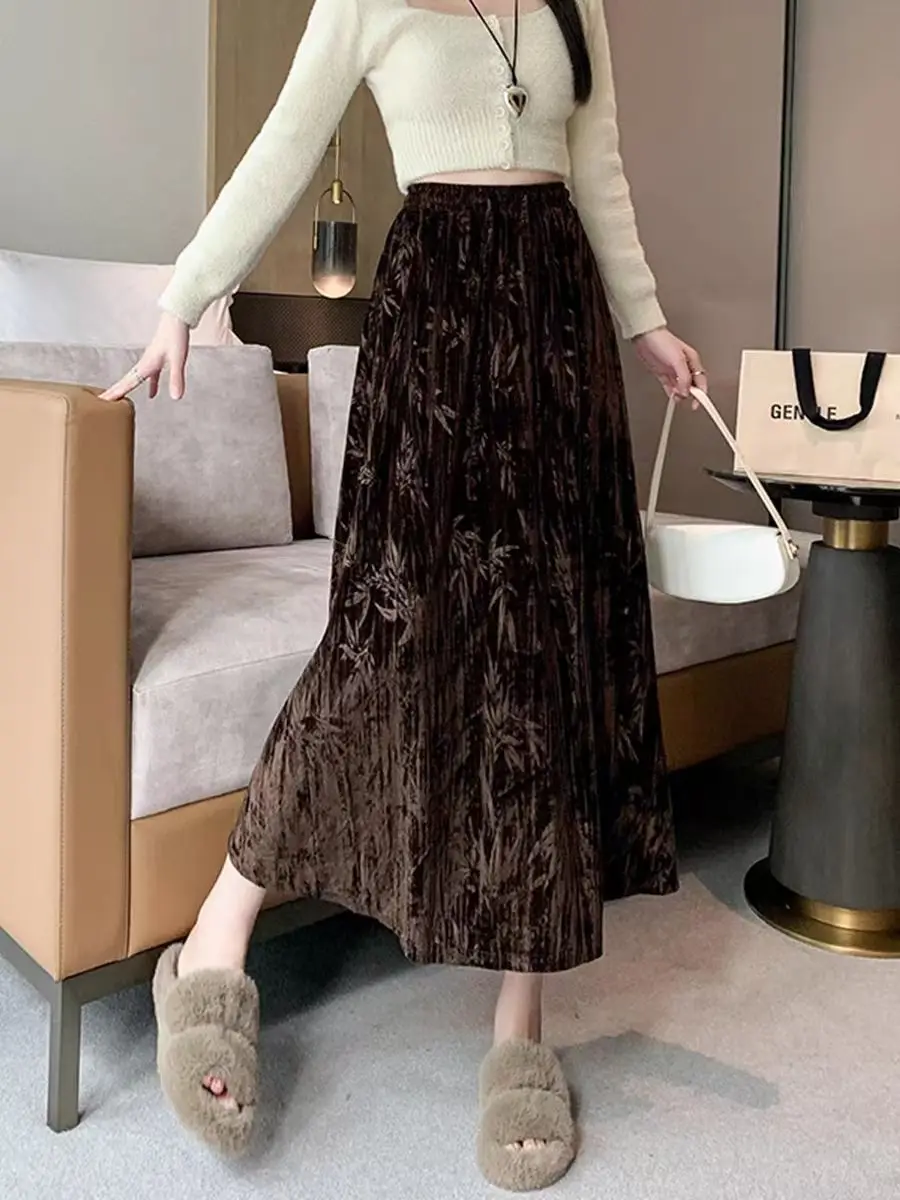 Gaganight Women Golden Velvet Half Length Skirt 202 Autumn Vintage Chinese Style Bamboo Leaf Dark Pattern Thin Umbrella Skirt