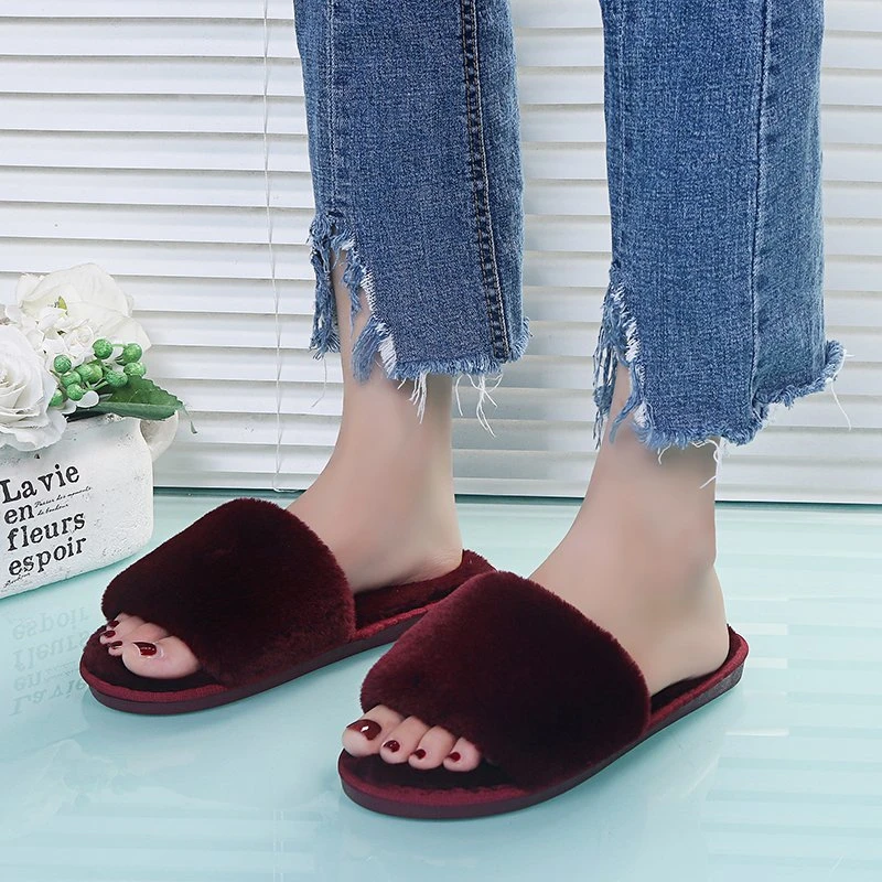 2024 New Fashion Winter Slippers Women's Fashion Cross Fluffy Leather Slippers Home Slide Platform Flat Indoor Women's Shoes