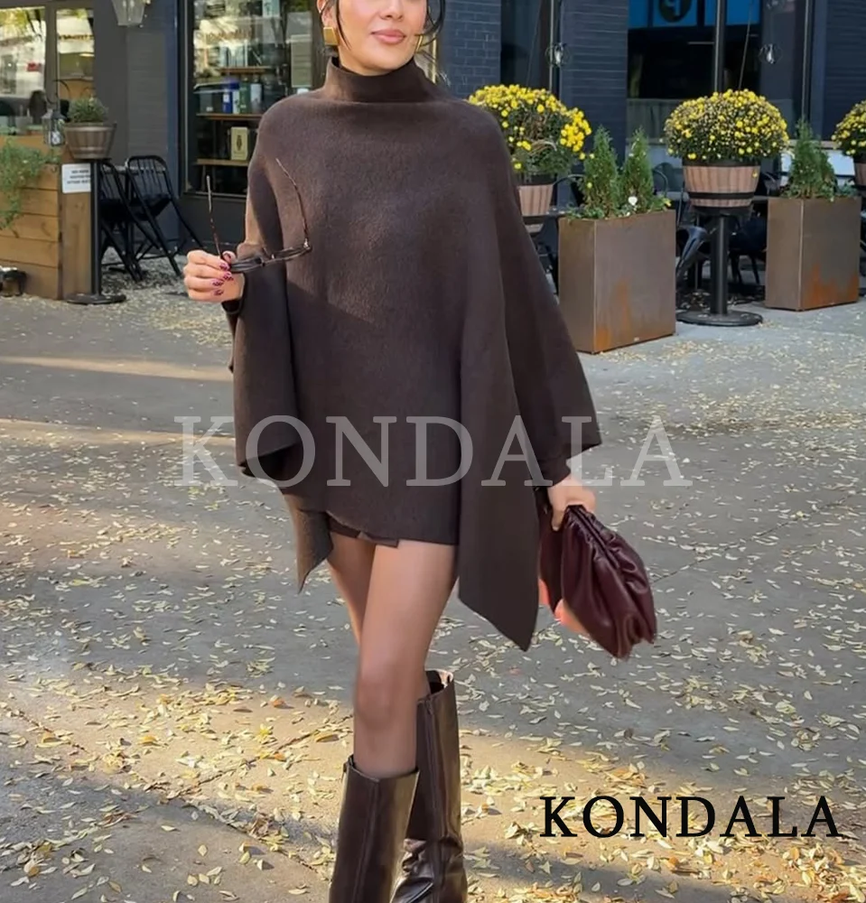 KONDALA Stand-up Collar Knitted Cape Coat High Street Casual Loose Cape 2025 Fall Winter Fashion Elegant Streetwear Lady Cape
