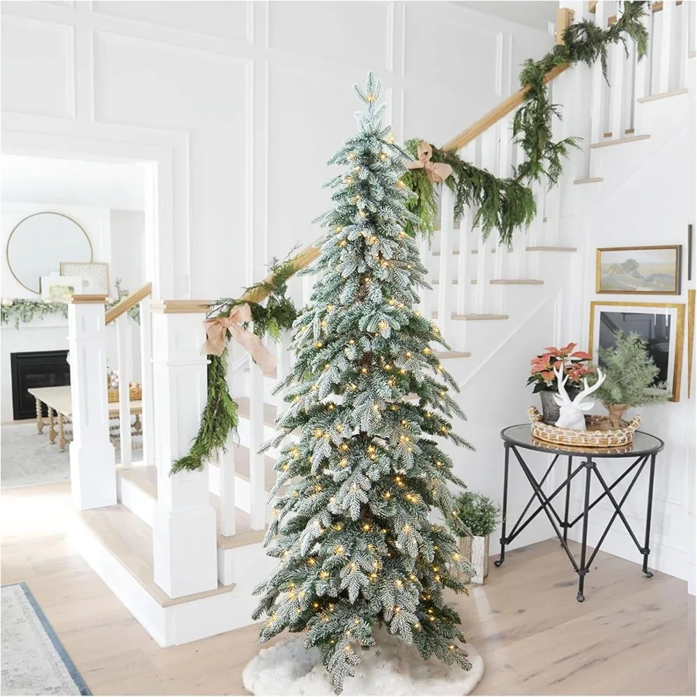 

7.5ft Pre-Lit Flocked Pencil Spruce Artificial Christmas Tree with 350 Warm White Lights and Sturdy Metal Stand for Home, Office