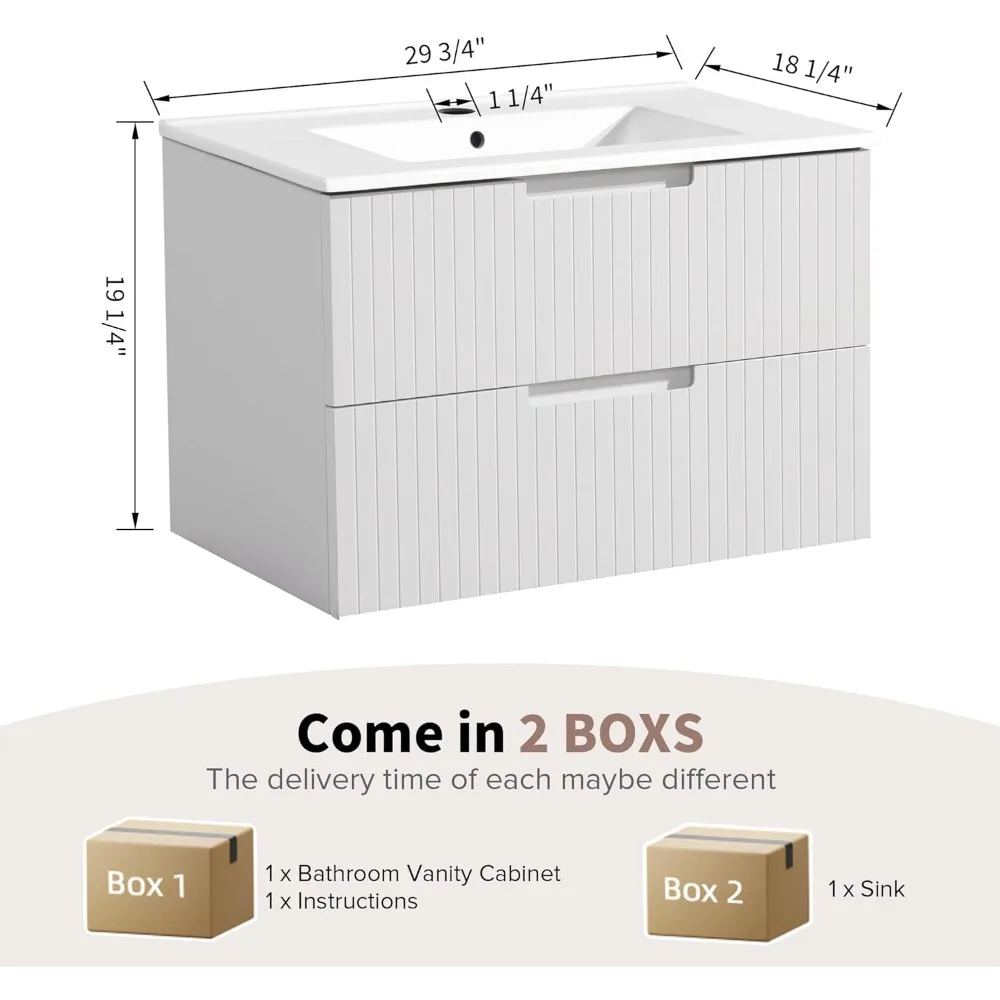 30 Inch Floating Bathroom Vanity with Ceramic Sink & Drawers, Modern Bath Storage Cabinet Vanitys, Wall Mounted Vanity