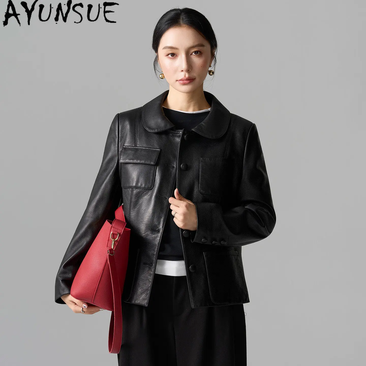 AYUNSUE Abrigos de piel de cabra natural para mujer, chaqueta de cuero auténtico para mujer, ropa de otoño, abrigo negro, chaqueta corta de moda, casaco femenino.