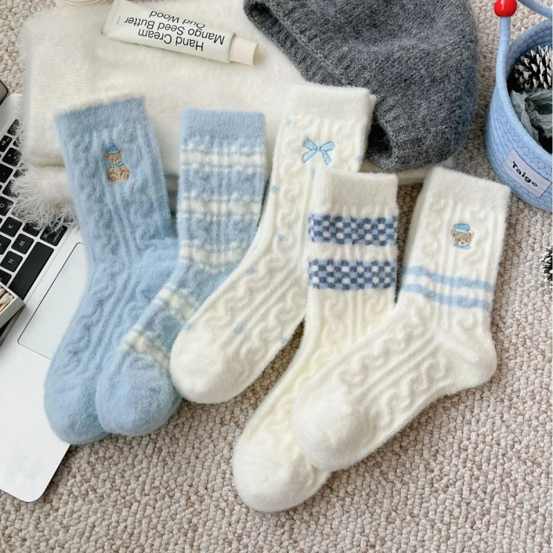 Cute Bear Embroidery Medium Stockings Women's Autumn and Winter Thickened Warm Bowknot Fried Dough Twists Plush Home