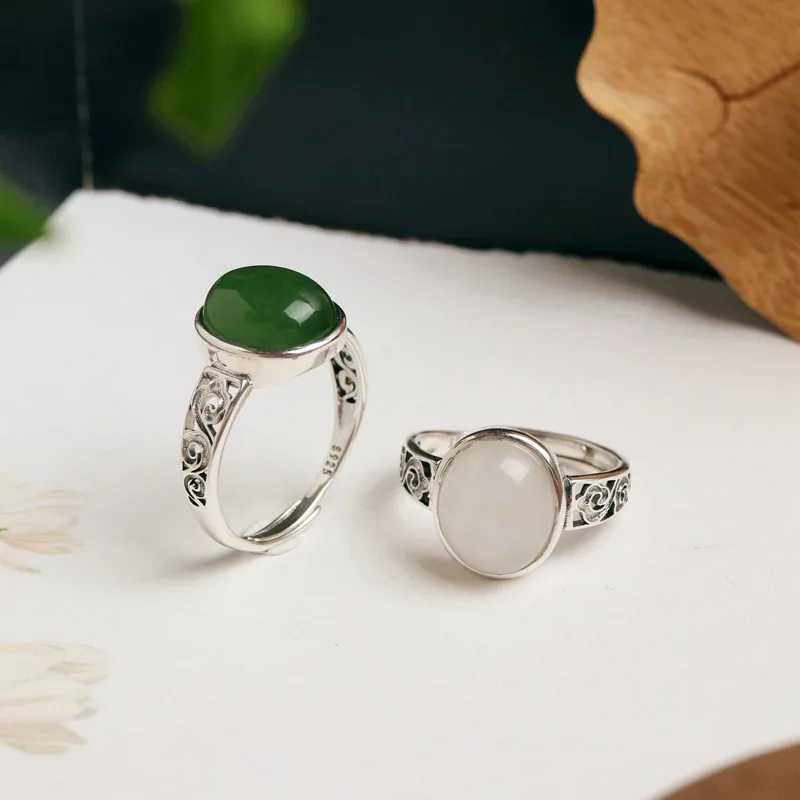 

Natural 100% real 925 sterling silver inlaid real green white hetian jade rings resizable jade rings for women engagement gift