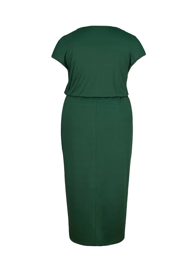 Plus Size Women\'s Elegant Two-Piece Set Green Solid Sleeveless Round Neck T-Shirt Top Long Tight Hip Skirt Suit Spring Summer