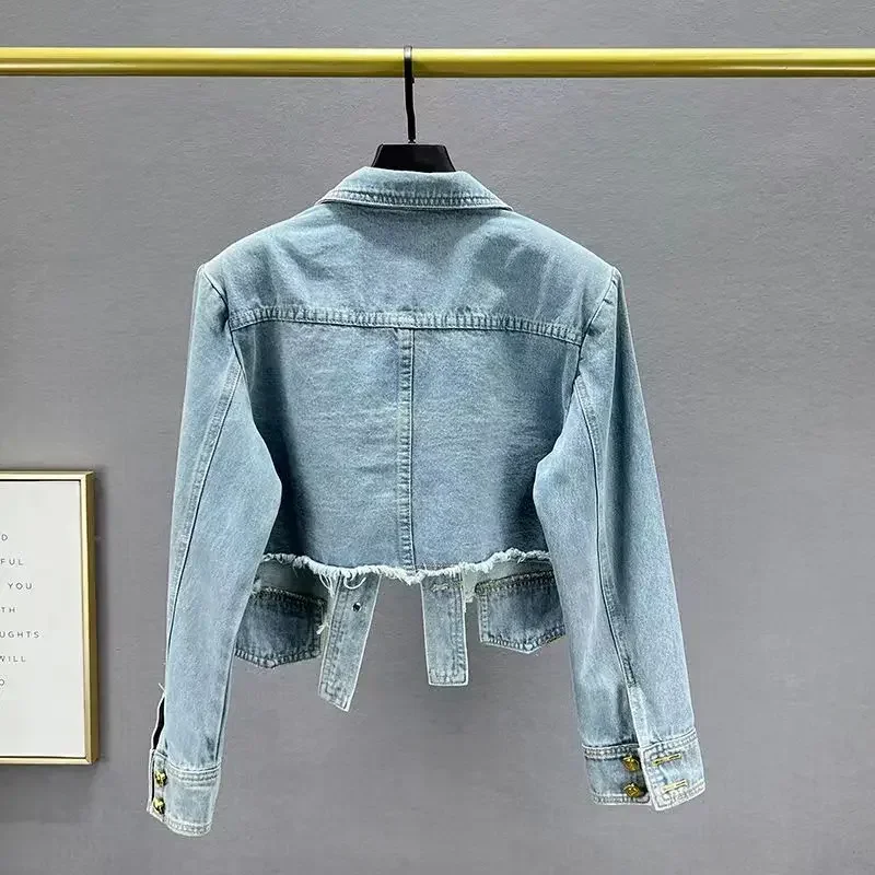 Mantel Denim paku keling tidak beraturan Vintage wanita Korea jaket jeans pendek bulu kancing sebaris lengan panjang biru Streetwear