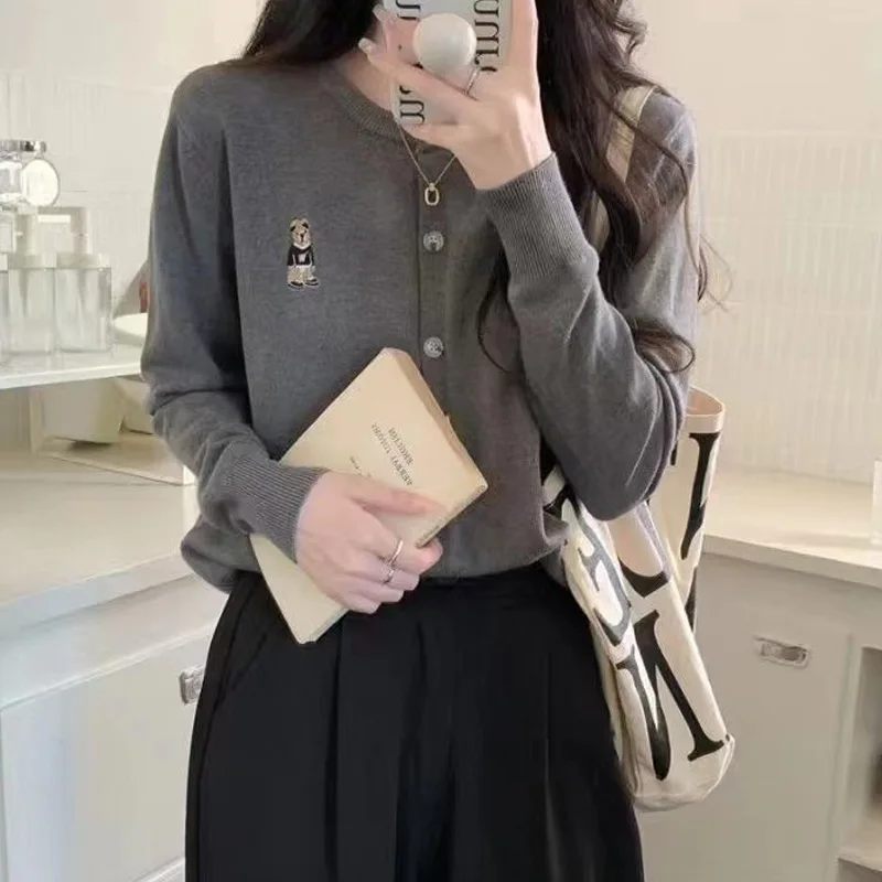 

Embroidered Bear Knitted Cardigan Women Korean Style Solid O-Collar Sweater Short Jacket Winter Warm Casual Knitted Coats 2024