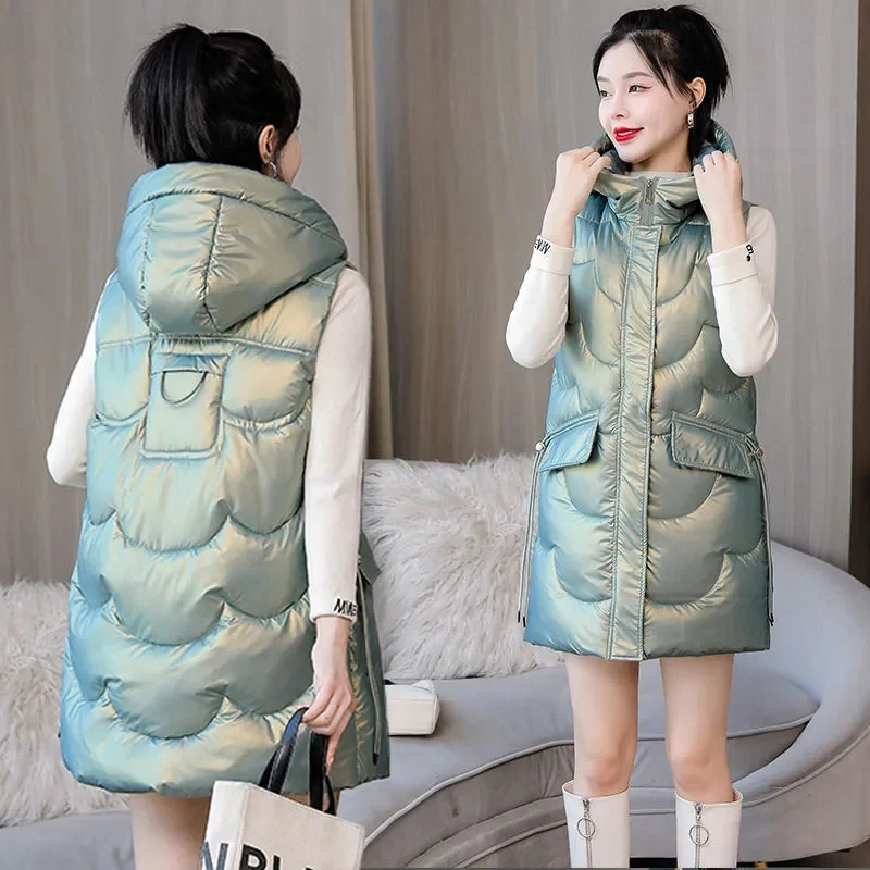 

2023 New Women Winter Vests Hooded Long Bright Color Vest Cotton Padded Sleeveless Coat Female Waterproof Thick Waistcoat