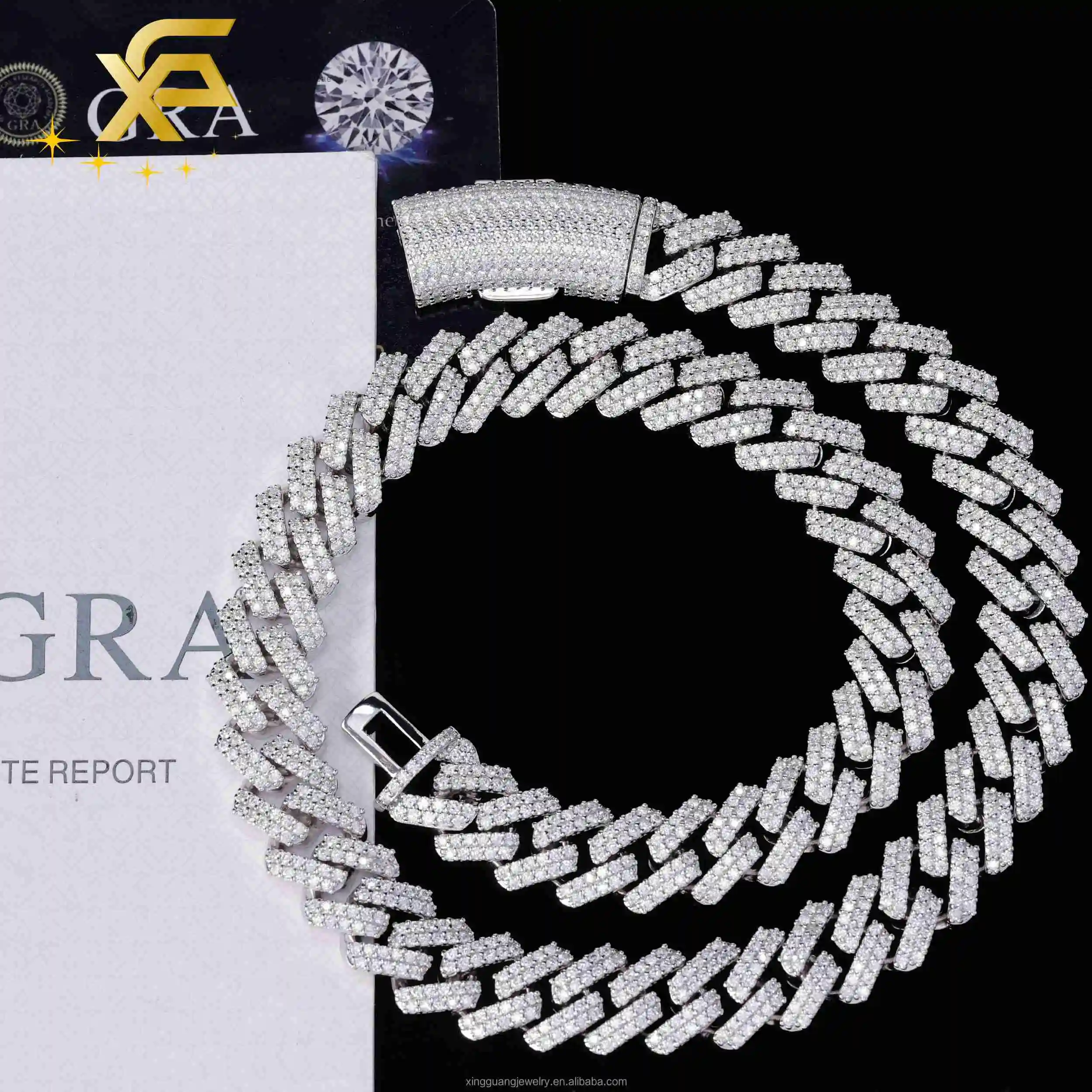 New Bend Arrival Buckle 14MM 2Rows Pass Diamond Test Moissanite 925 Silver Cuban Link Chain Hip Hop Necklace White Gold Plated..