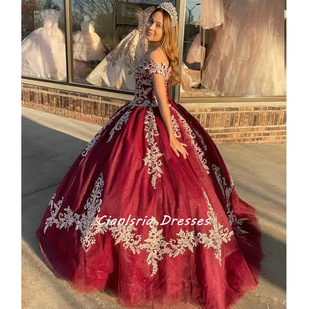 Vestido De fiesta De barco rojo mexicana, cuello De vestido para quinceañeras, apliques De cristal, corsé con hombros descubiertos, XV Anos