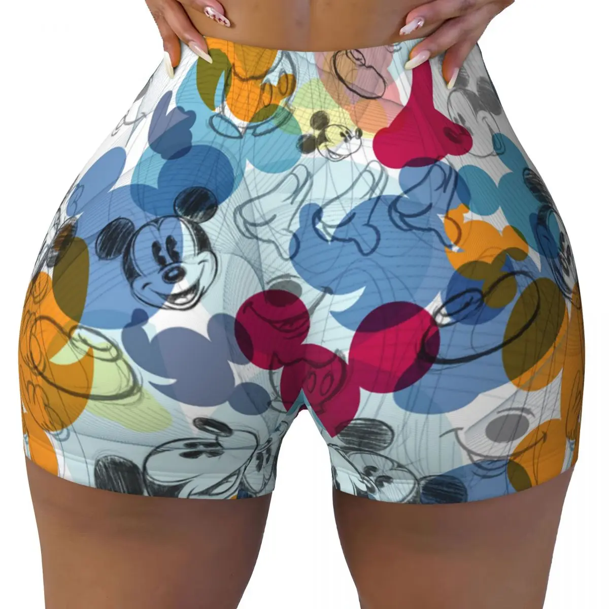 

Ladies Gym Running Biker Yoga Short Mickey Friends Mouse Head Sketch Pattern High Waist and Hip Shorts Fitness Pants
