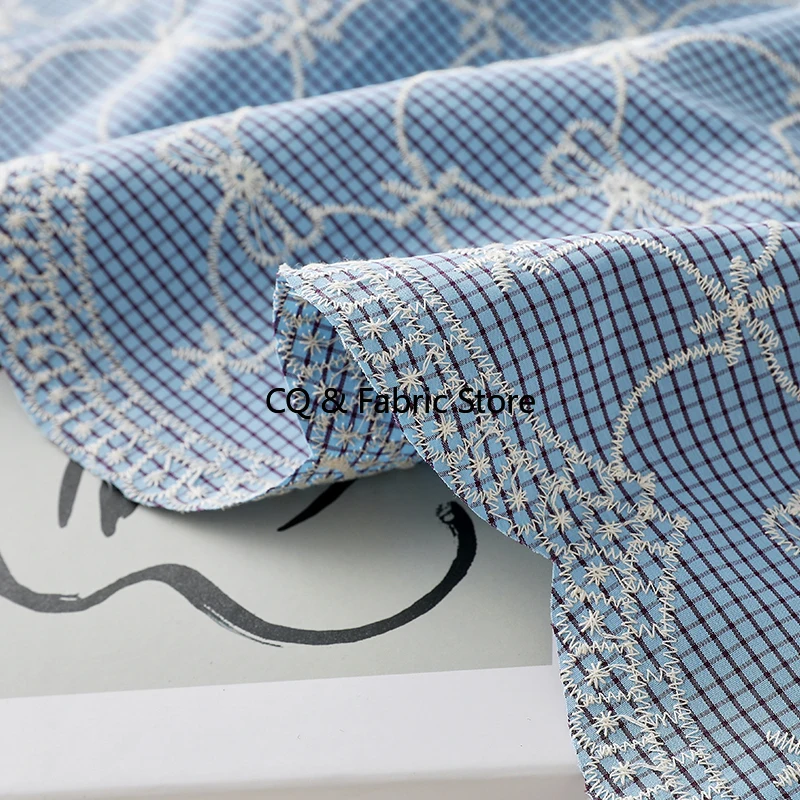 

Ins Style Bow Embroidery Checkered Polyester Cotton Fabric For Shirts Dresses Kids Clothing DIY Tablecloth By The Meter