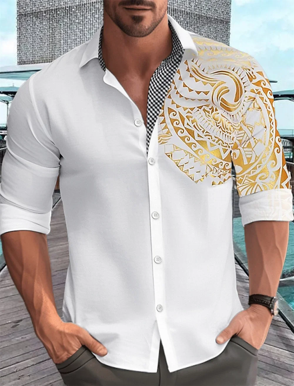 Men's shirt with gold pattern print, white, black, red long sleeved lapel button up shirt, fashionable casual top, plus size