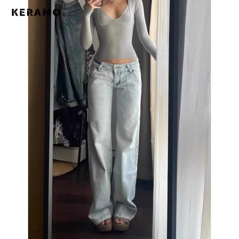 Light Blue Low Waist Jeans Woman Streetwear American Vintage Denim Pants Female Casual Washed Straight Pantalons Mujer Fall 2024