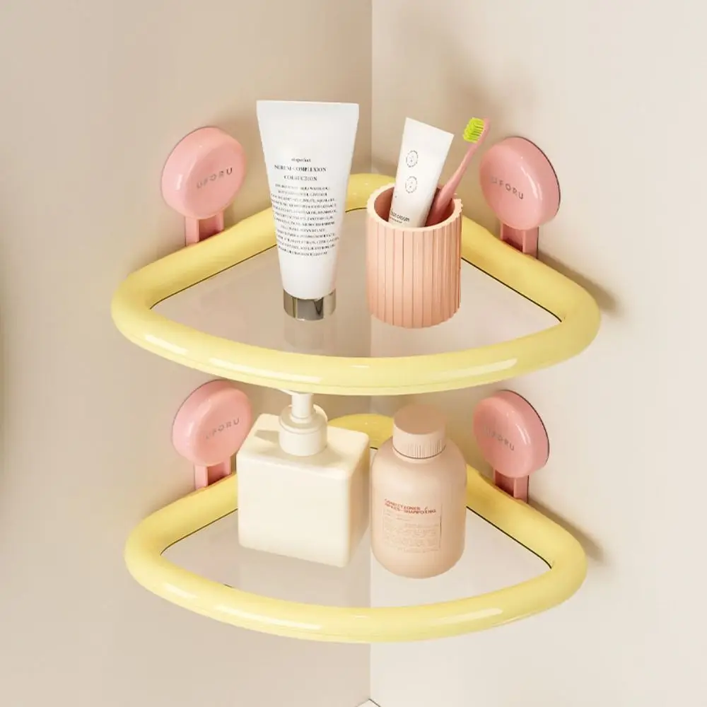 Plastic Suction Cup Triangle Shelf Punch Free Wall Mounted Shower Organizer Drainable Dopamine Color Corner Storage Shelf Home