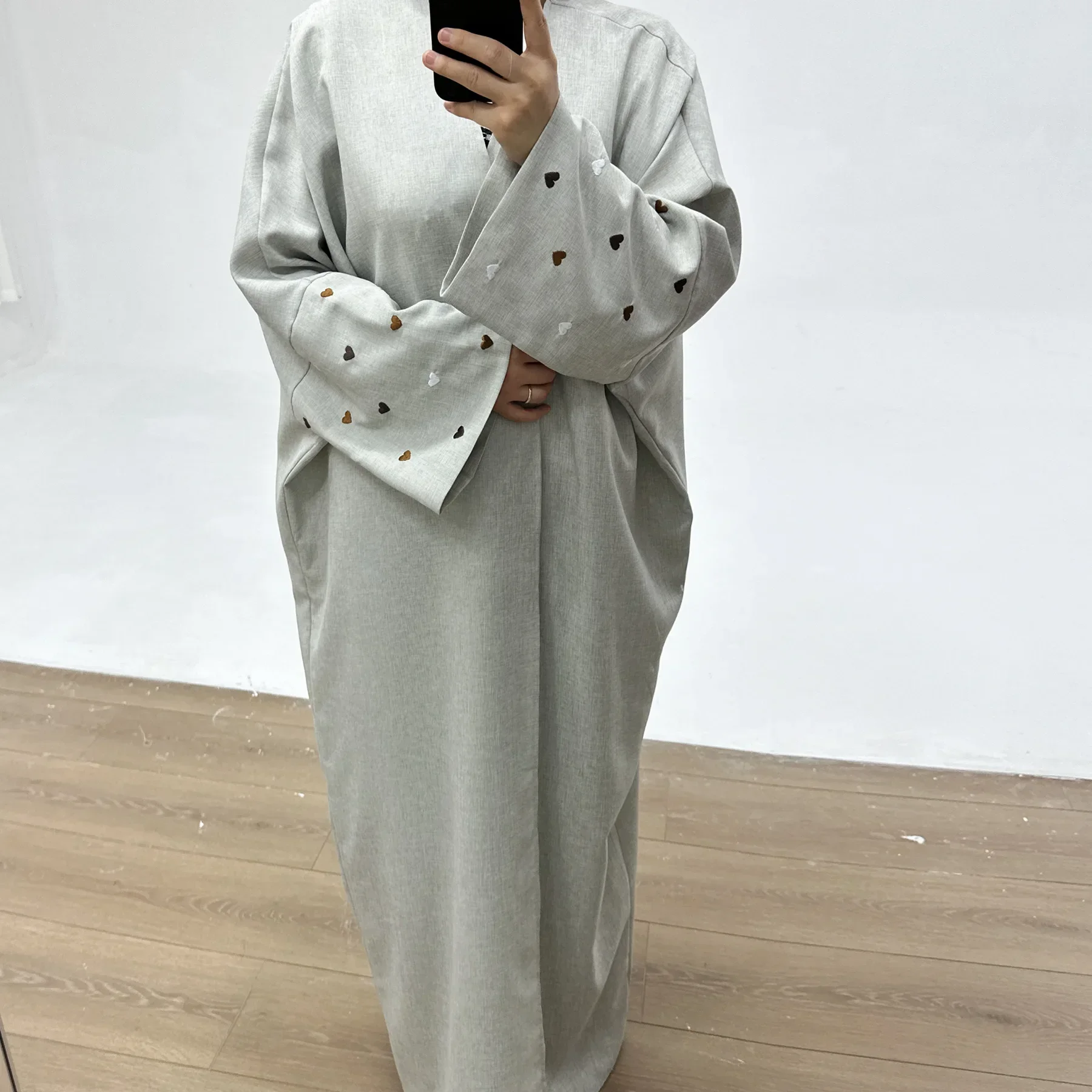 Cotton Linen Heart Open Abaya Kimono Muslim Party Long Dress Embroidery Abayas for Women Dubai Luxury Turkey Kaftan Islam Outfit