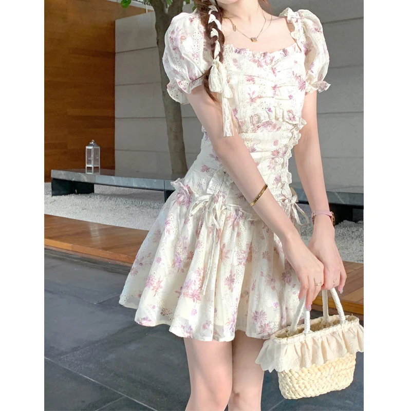 

Annie Wild Rose/French Vacation Embroidery Fragmented Flowers Short Sleeve Dress Small and Slim Summer 2023