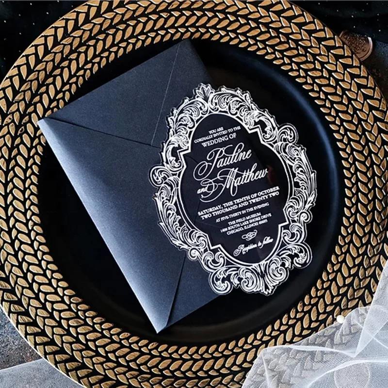 

Custom vintage Design Clear Acrylic Wedding Invitations Birthday Cards with Envelope for Kinds Shape Acrylic Invitation Cards