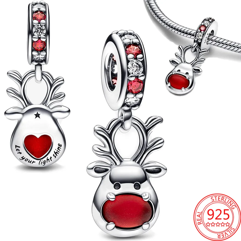 Lucky 925 Sterling Silver Red Lighthouse&Ladybug&Christmas Gingerbread Man&Elk Dangle Charm Fit DIY Bracelet Blessing Gift