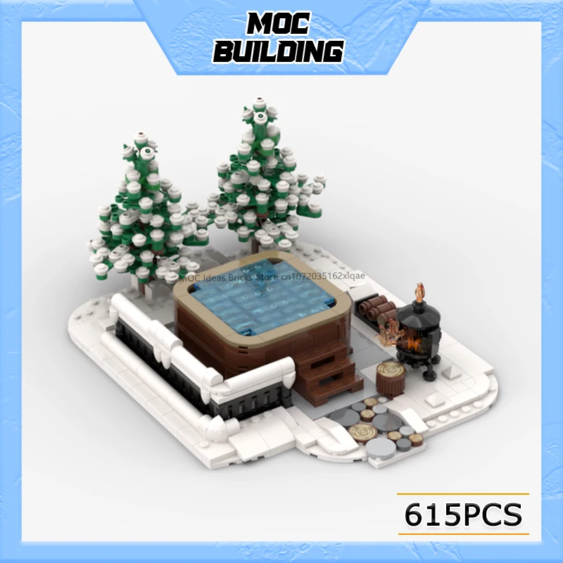 

Строительные блоки MOC, серия Street View, зимняя деревня, праздник, модель с горячими источниками, сделай сам, сборка кирпичей, коллекция игрушек, рождественские подарки