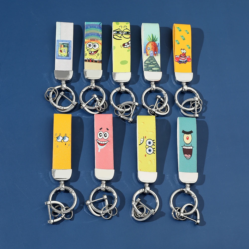 Cartoon SquarePants Leather Keychain Cute Figure Leather Badge Keyring Phone Car Pendant Key Holder Jewelry Gifts