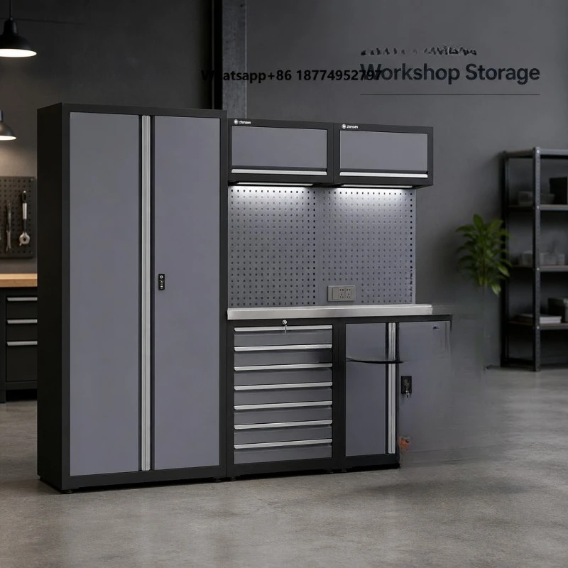 Modular Industrial Tool Cabinet Workbench with Tall Side Storage Drawers Perforated Wall Panel and Upper Cabinets