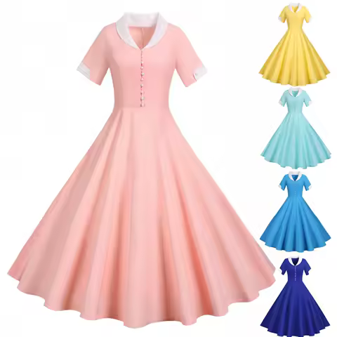 1960s Vintage Dress for Women Button Up Summer Casual Short Sleeve Dresses Fit and Flare Retro Elegant Evening Party Dress 2025