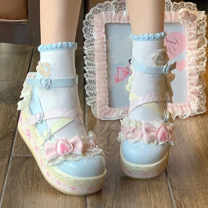 لطيف الحلو لوليتا أحذية سميكة وحيد منصة النساء مضخات بو الجلود ماري جينس الفتيات الصنادل عبر حزام أحذية الأميرة الحفلات