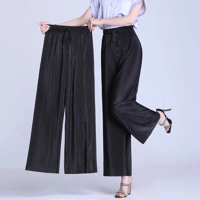 Summer Ankle-length 95cm Wide Leg Pants Oversized 4xl Women Baggy Pantalones Thin Ice Silk Spodnie High Waist Straight Trousers