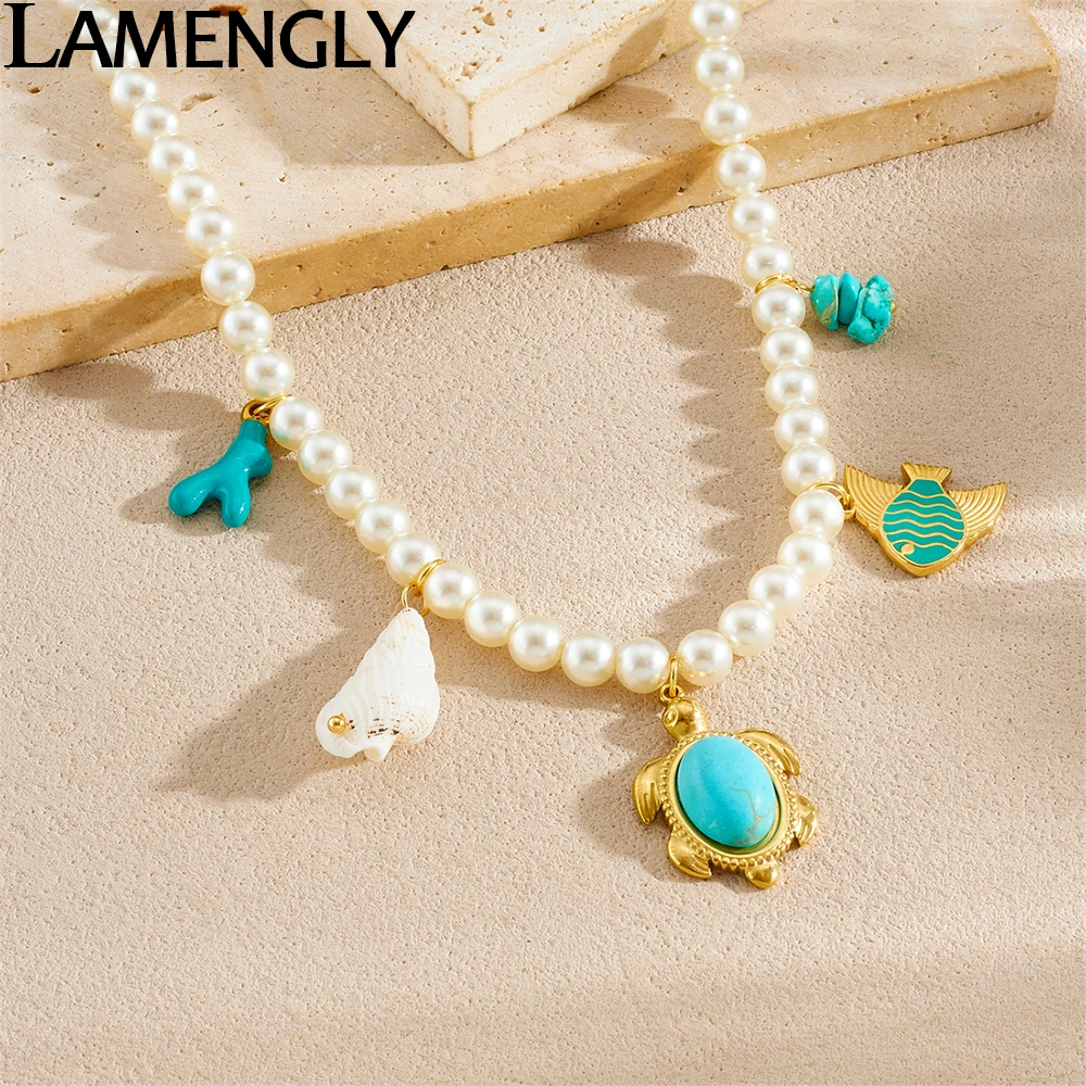 

LAMENGLY 316L Stainless Steel Pearl Chain Turquoise Inlay Turtle Fish Conch Pendant Necklace Women Bohemian Style Neck Chain