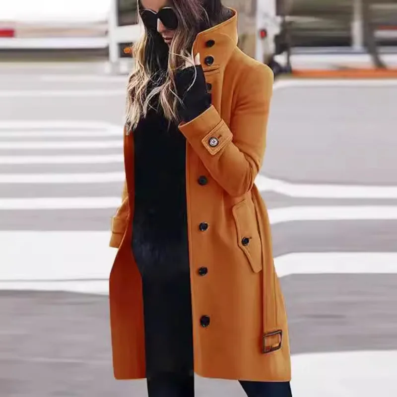 

2025 New Solid Color Button Long Wool Coat Autumn Warm Stand Collar Women Coat Fashion Ladies High Neck Pocket Belt Tren Coat