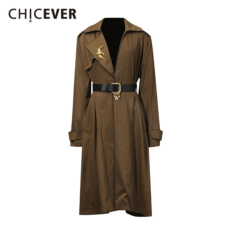 

CHICEVER Solid Spliced Sashes Basics Trench Female Lapel Long Sleeve Streetwear Loose Women's Trenchs Autumn New Fashion Style