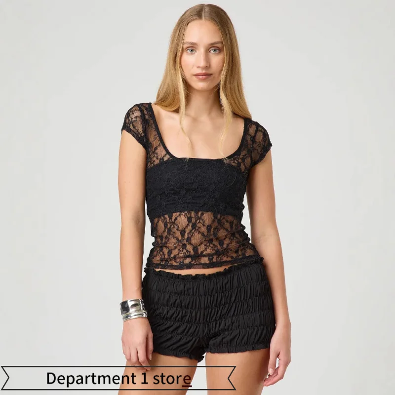 

Сексуальная полупрозрачная блузка для женщин с коротким рукавом, кружевным воротником, из полиэстера, стандартный крой, в стиле «сладкий и пикантный».