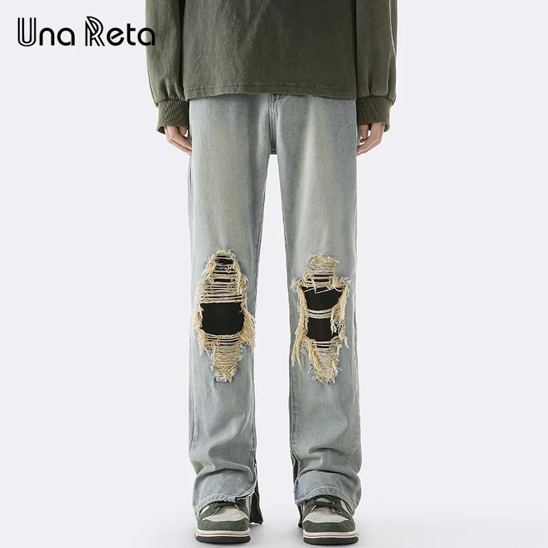 Una Reta Jeans pantaloni Streetwear autunno New Hip Hop Side Zipper Design pantaloni in Denim Harajuku pantaloni in Denim strappati per uomo