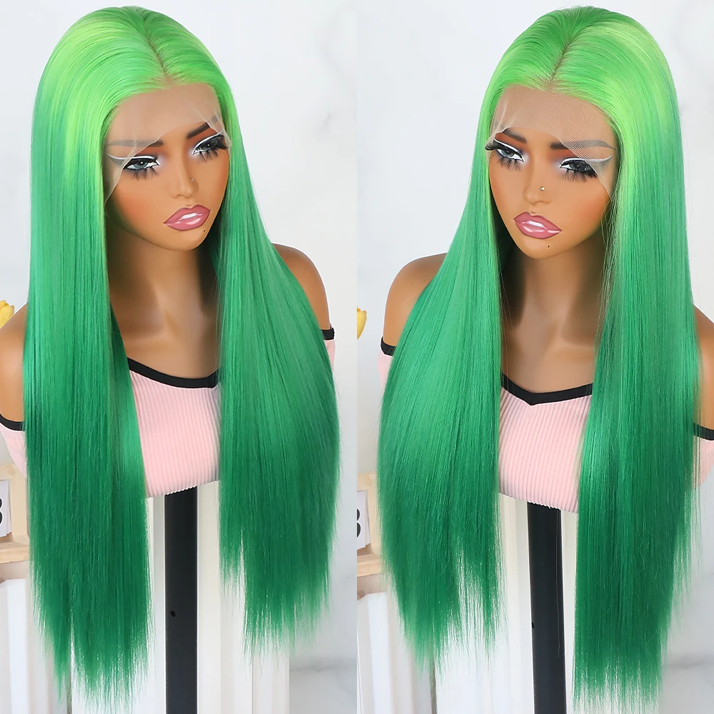 

Синтетические парики с кружевной передней частью 13x4, свободная линия роста волос, длинные прямые, двухцветные, светло-зеленые, омбре, зеленые парики без клея для женщин, для вечеринок
