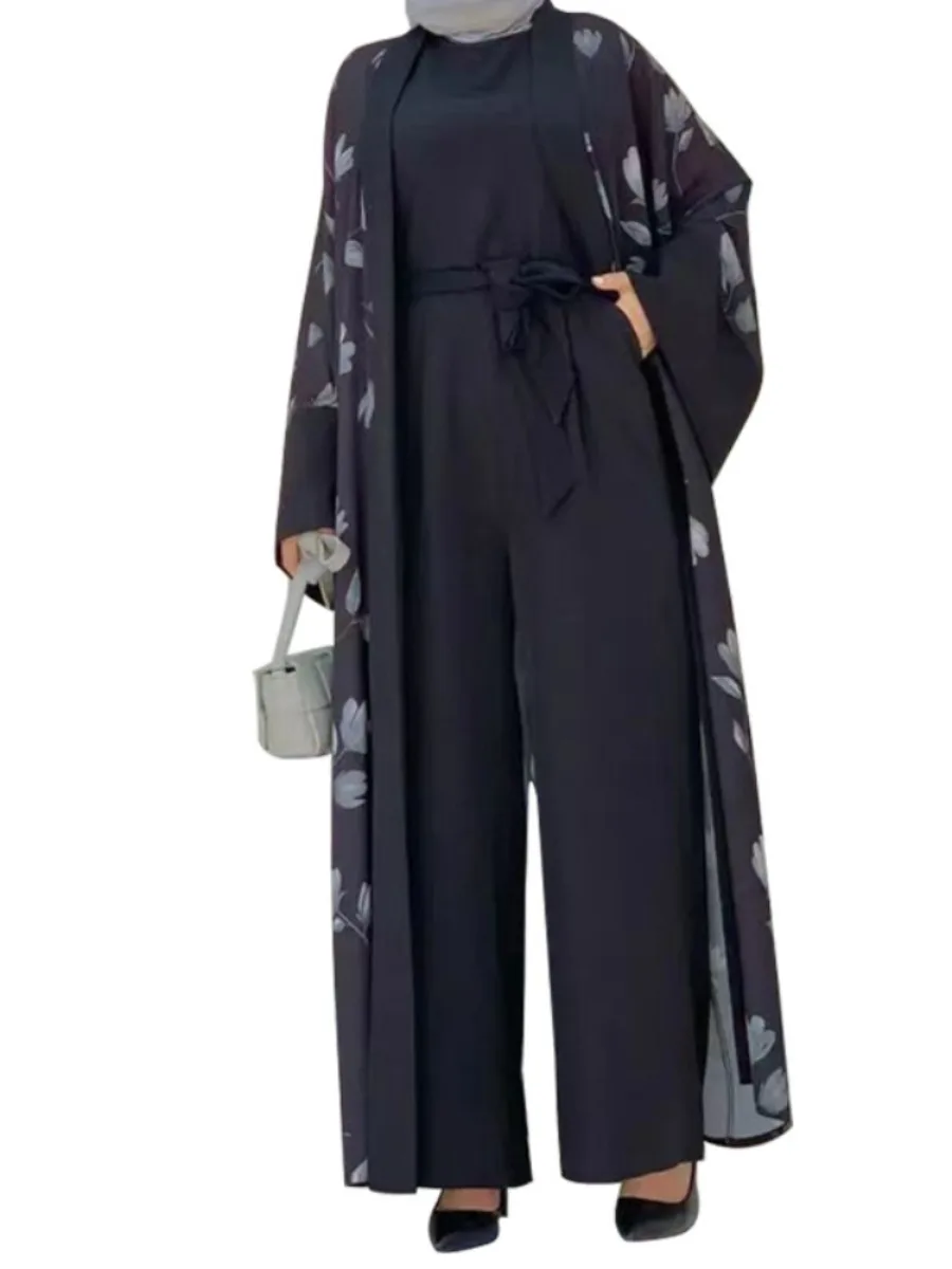 Traje de dos piezas de Ramadán, peleles musulmanes para mujer, mono Abaya con cordones de Dubái y Turquía, pantalones de pierna ancha, caftán, ropa