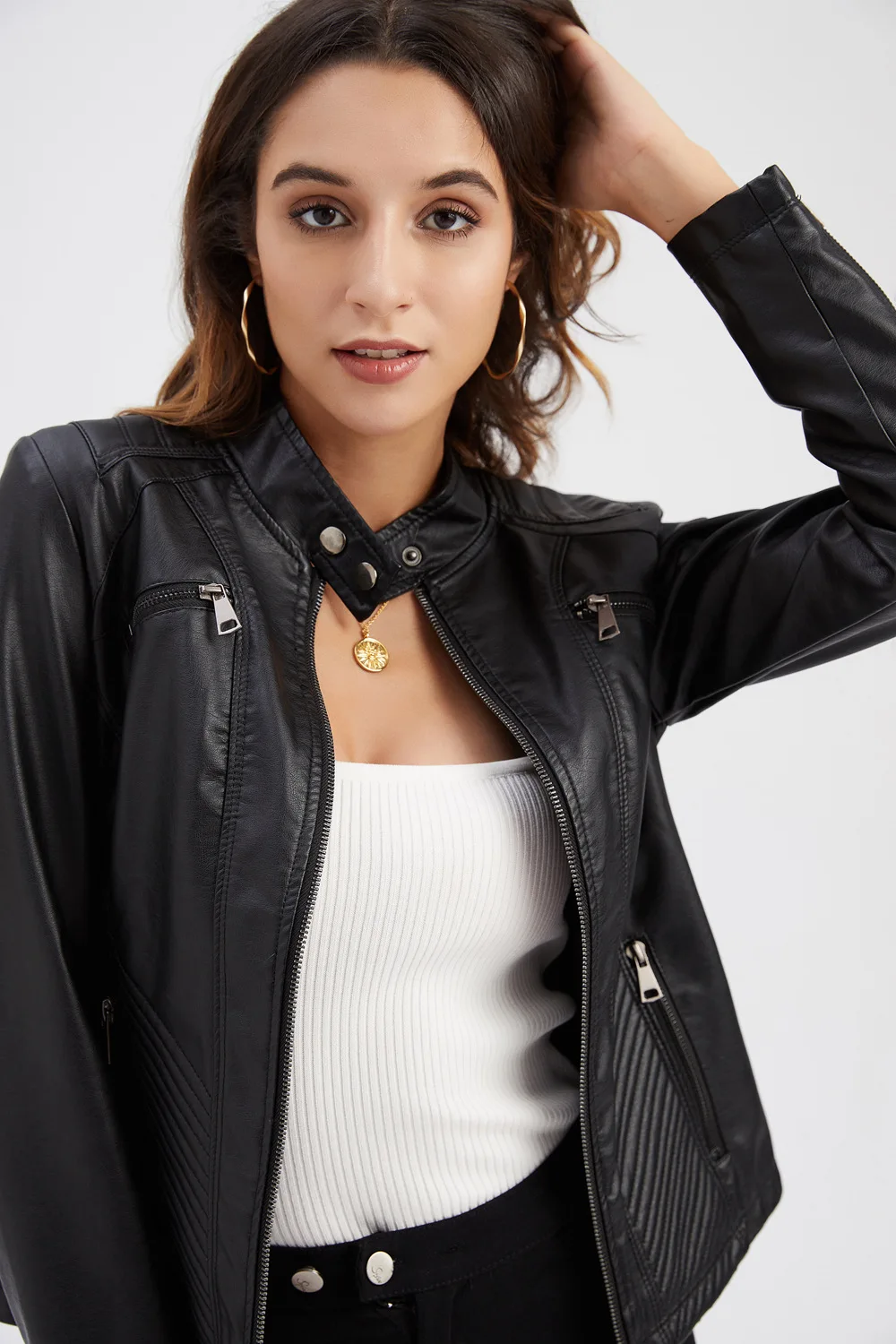 2024 new women\'s casual leather jacket standing collar slim solid color coat