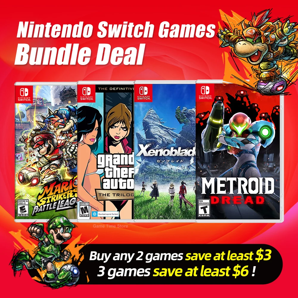 Juegos Nintendo Switch Ofertas Pacote de jogos Ofertas GTA Metroid Dread Mario Battle League Xenoblade 3 Compre 2 jogos Economize $ 5,3 Economize $ 9